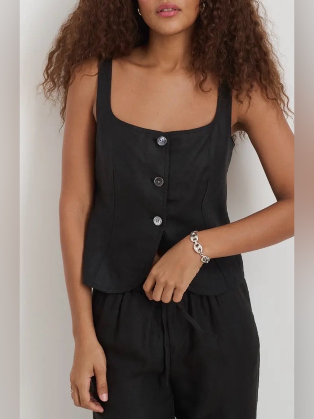 Alex Mill Luna Black Button-Front Linen Camisole Crop Tank